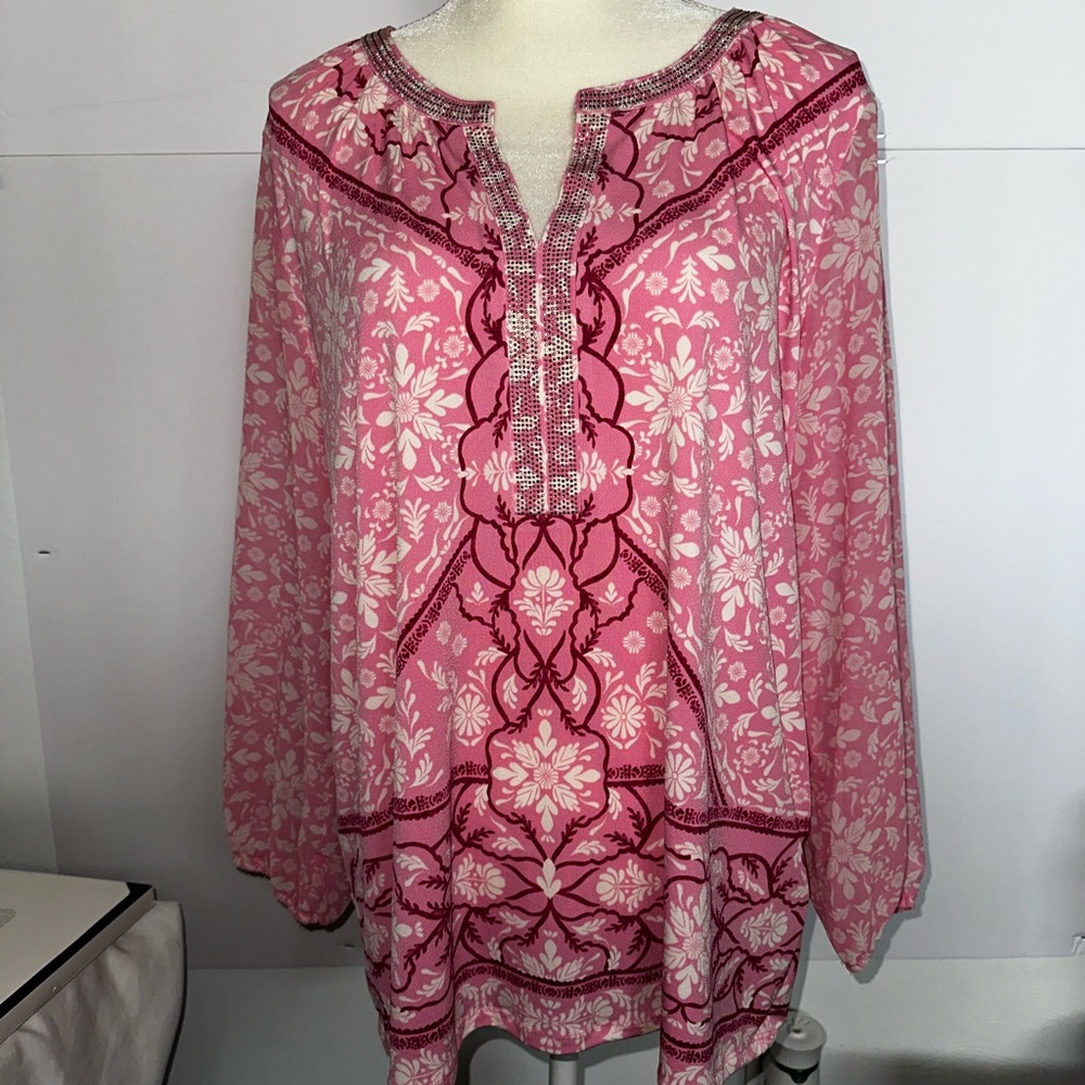 Women's Pink Floral Embroidered Tunic Top